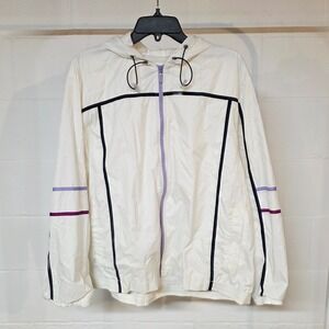 Vintage Style XL White Hooded Windbreaker Jacket Navy Lavender Stripes Full Zip